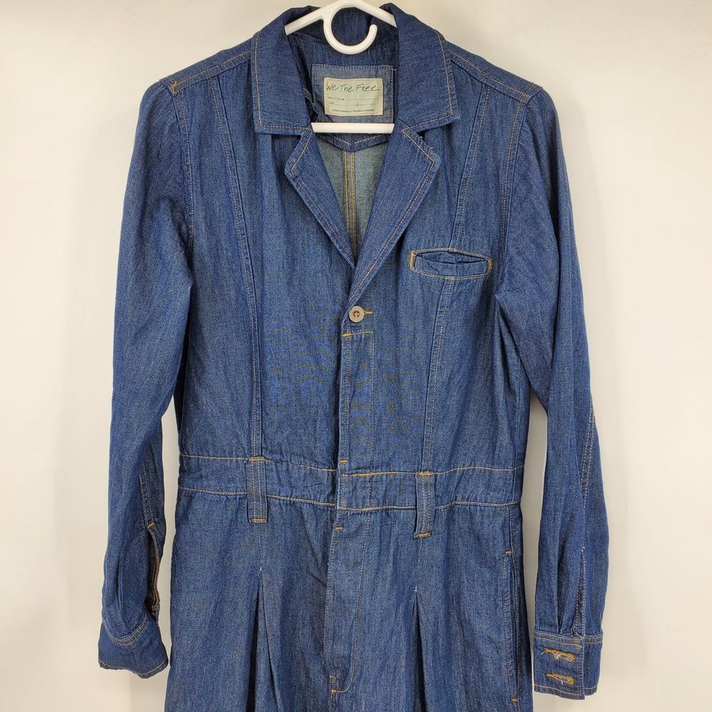 We The Free Free People Franklin Blue Denim Wide Leg Jumpsuit Long Sleeve Small - Picture 15 of 16